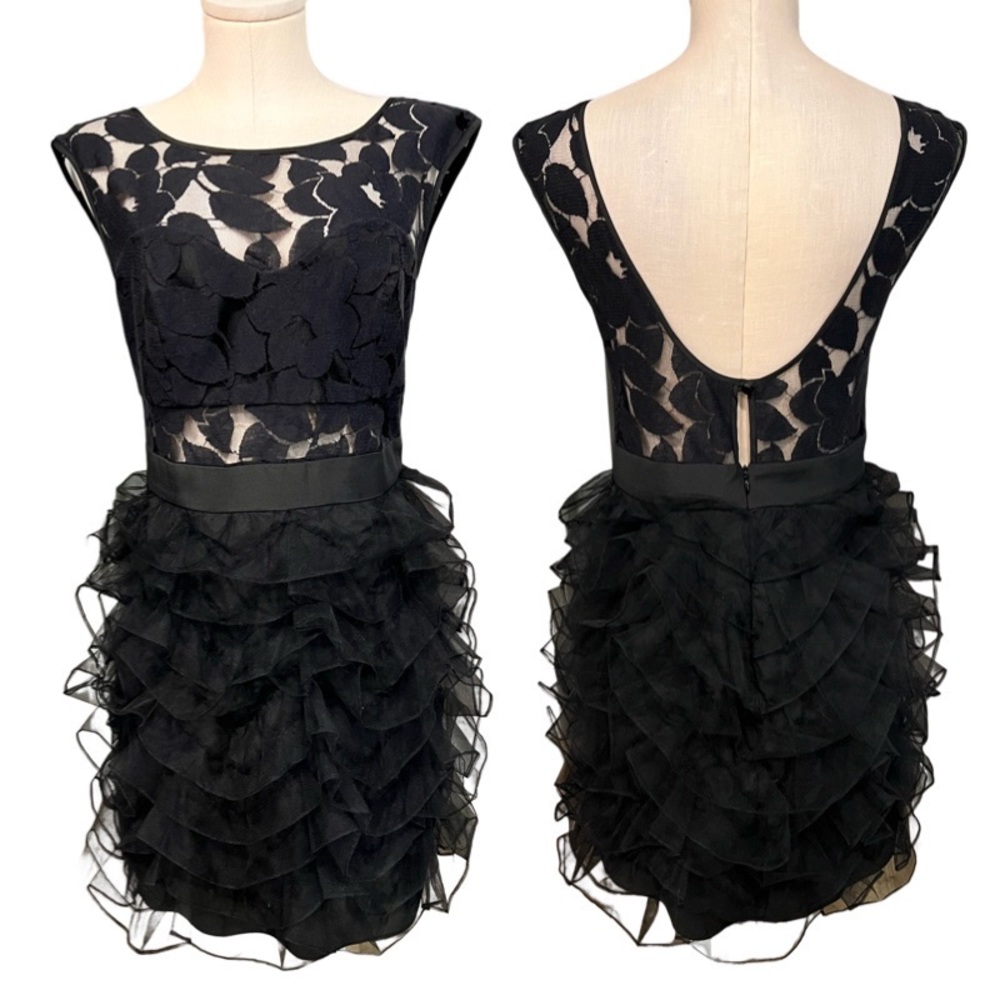 BCBGENERATION  black mini lace cocktail dress with puff skirt